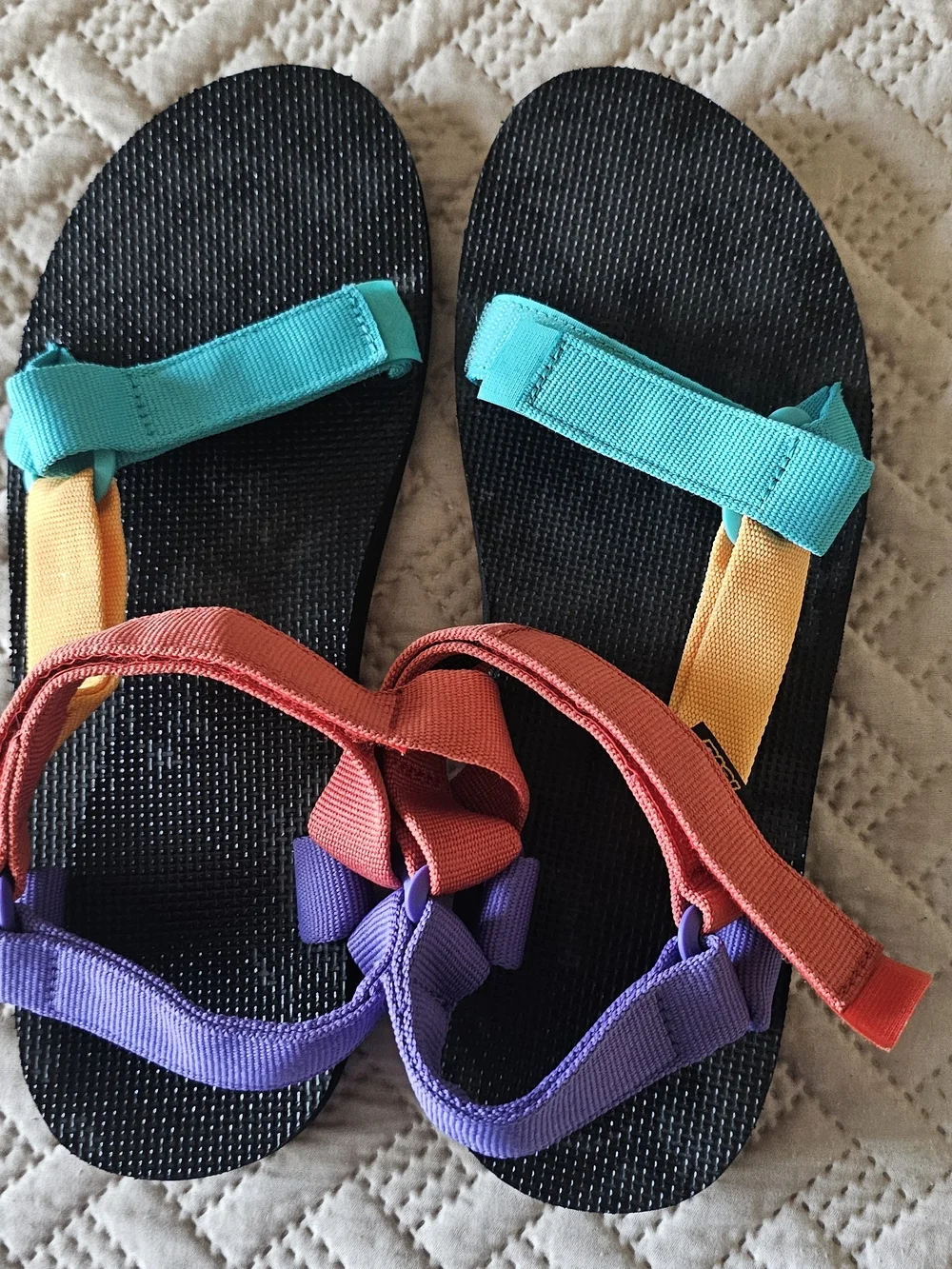 Teva Kids Black Sandals with Teal, Yellow, Coral, and Purple Straps